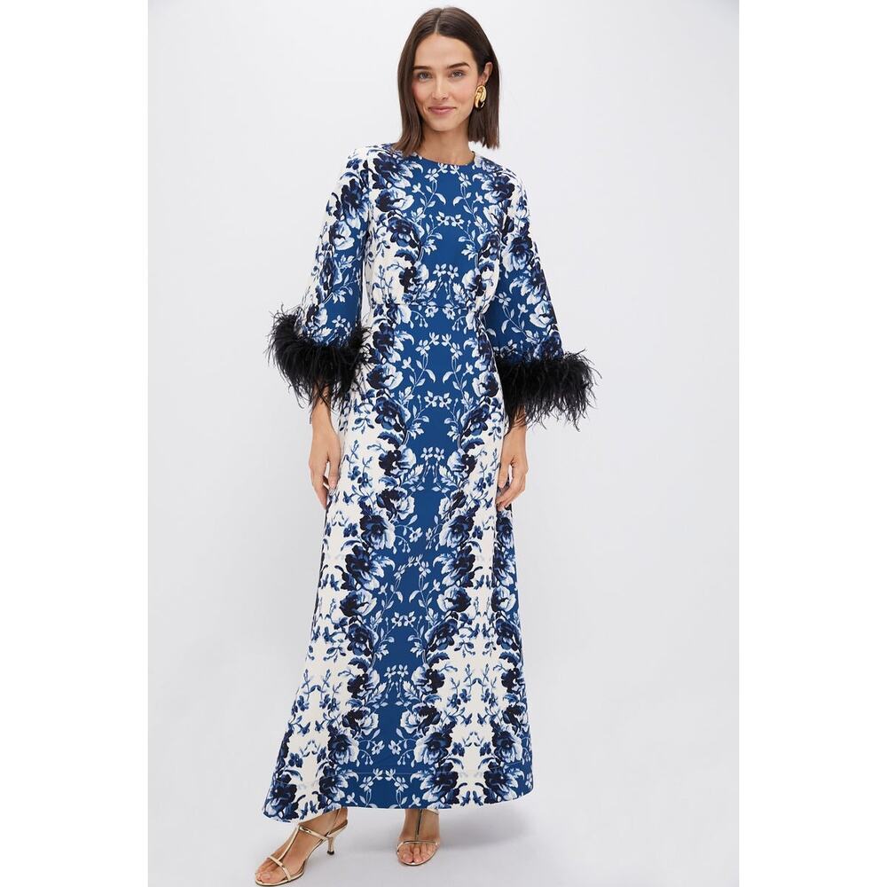 Tuckernuck Blue and White Floral Maxi Dress with Feather Cuffs worn once!